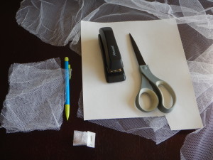 What you need to make your very own mosquito net histology pouches: pesticide free mosquito net cut into squares, waterproof paper and pencil for labels, stapler.