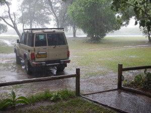 Waiting out the storm at the lodge. It was very chilly for those of us wearing t-shirts and expecting tropical weather.