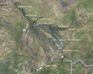 Map showing our sampling sites. Last week, we were at Xakanaxa and Khwai.